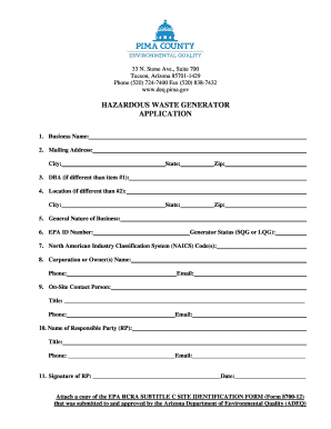 Fillable application form for hazardous waste generators - Pima County