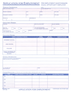 Fillable ApPLICATION FOR EMPLOYMENT PRE-EMPLOYMENT QUESTIONNAIRE EQUAL ... Fillable ApPLICATION FOR EMPLOYMENT PRE-EMPLOYMENT QUESTIONNAIRE EQUAL ...