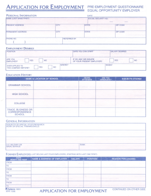 Fillable ApPLICATION FOR EMPLOYMENT PRE-EMPLOYMENT QUESTIONNAIRE EQUAL ...