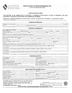 CAR Form LRA (Rev. 11/09) - APPLICATION TO RENT/SCREENING FEE Fill ...