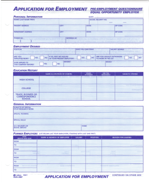 Fillable application for employment pre-employment questionnaire ...