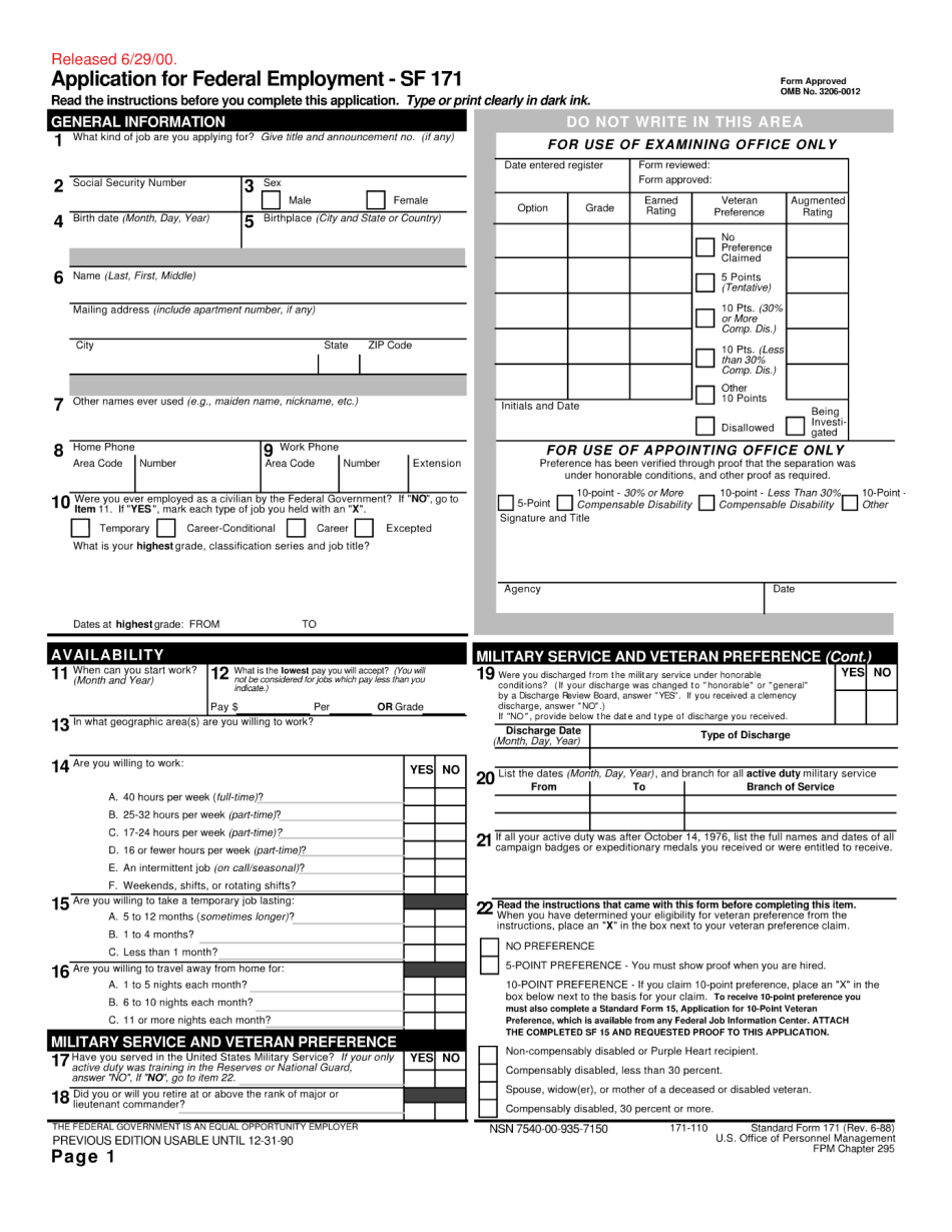 Application For Federal Employment - Sf 171