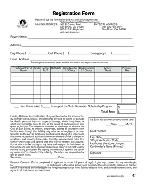 Veterans Memorial Recreation Center Registration Form