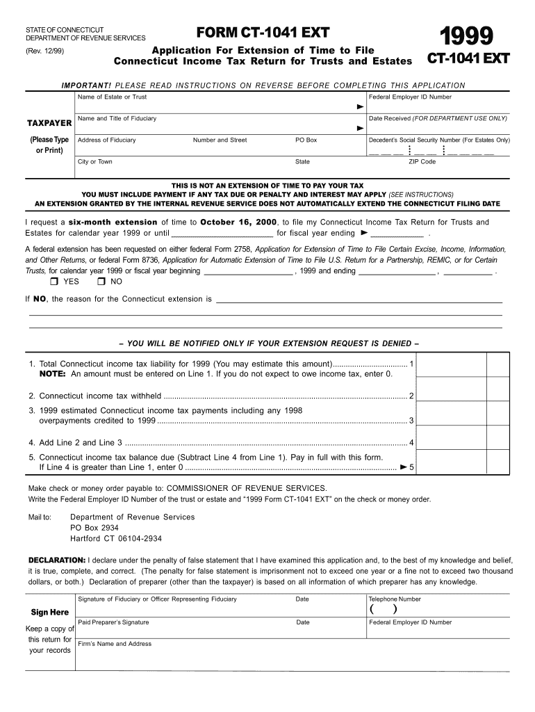 CT - 1041EXT , 1999 Application for Extension of Time - CT gov Home - ct Preview on Page 1