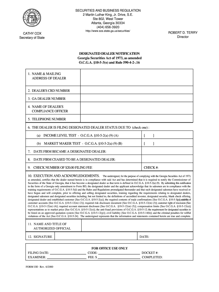 DESIGNATED DEALER NOTIFICATION Georgia Securities Act of - sos georgia Preview on Page 1