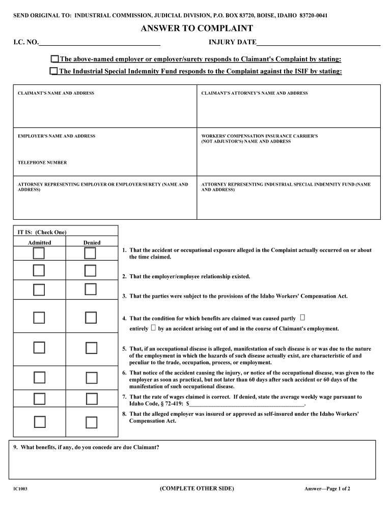 SEND ORIGINAL TO - the Idaho Industrial Commission! - iic idaho Preview on Page 1