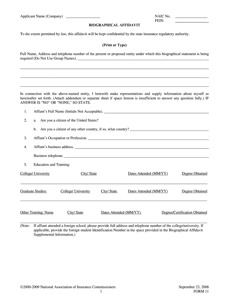 Fillable Online insurance illinois naic biographical