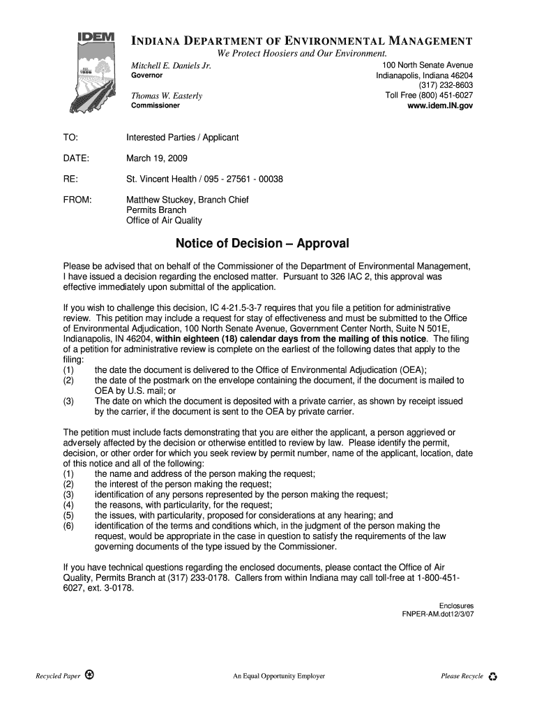 Vincent Health 095 - 27561 - 00038 Matthew Stuckey, Branch Chief Permits Branch Office of Air Qualit Preview on Page 1