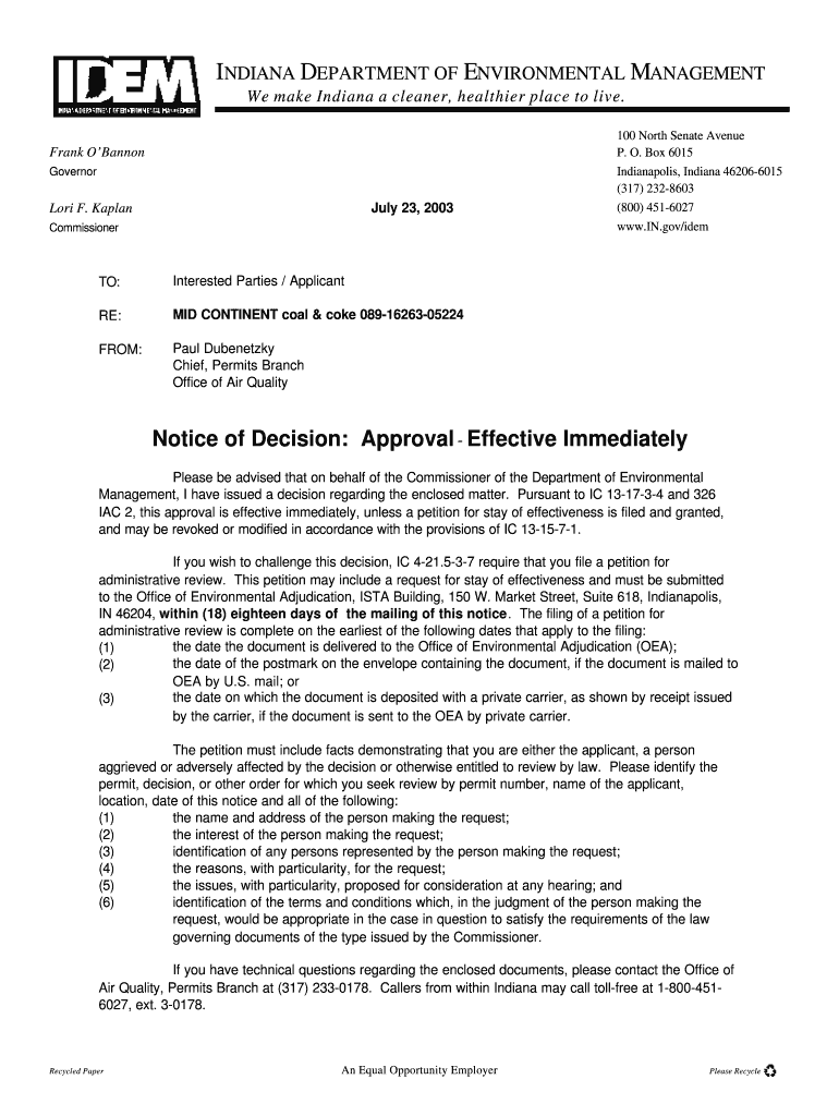 Interested Parties Applicant MID CONTINENT coal & coke 089-16263-05224 Paul Dubenetzky Chief, Permit Preview on Page 1