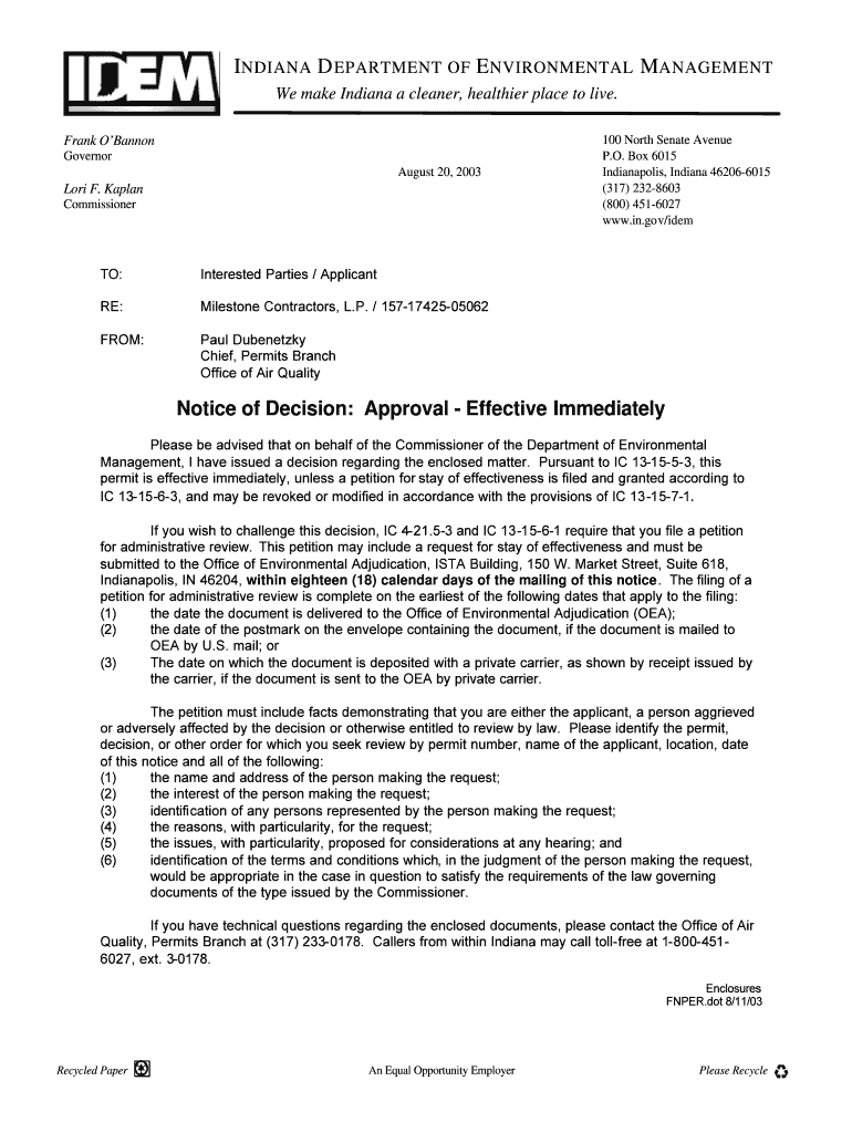 Governor August 20, 2003 100 North Senate Avenue P - permits air idem in Preview on Page 1