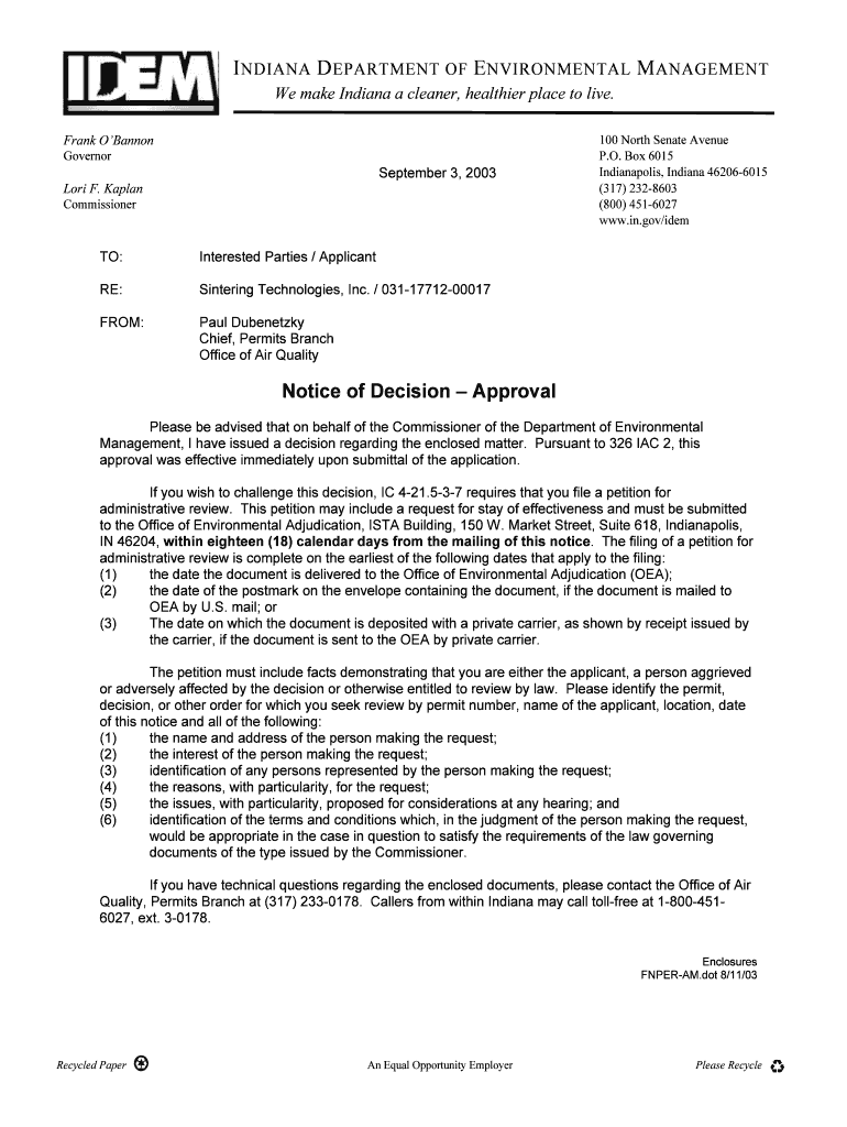 Box 6015 Indianapolis, Indiana 46206-6015 (317) 232-8603 (800) 451-6027 www - permits air idem in Preview on Page 1