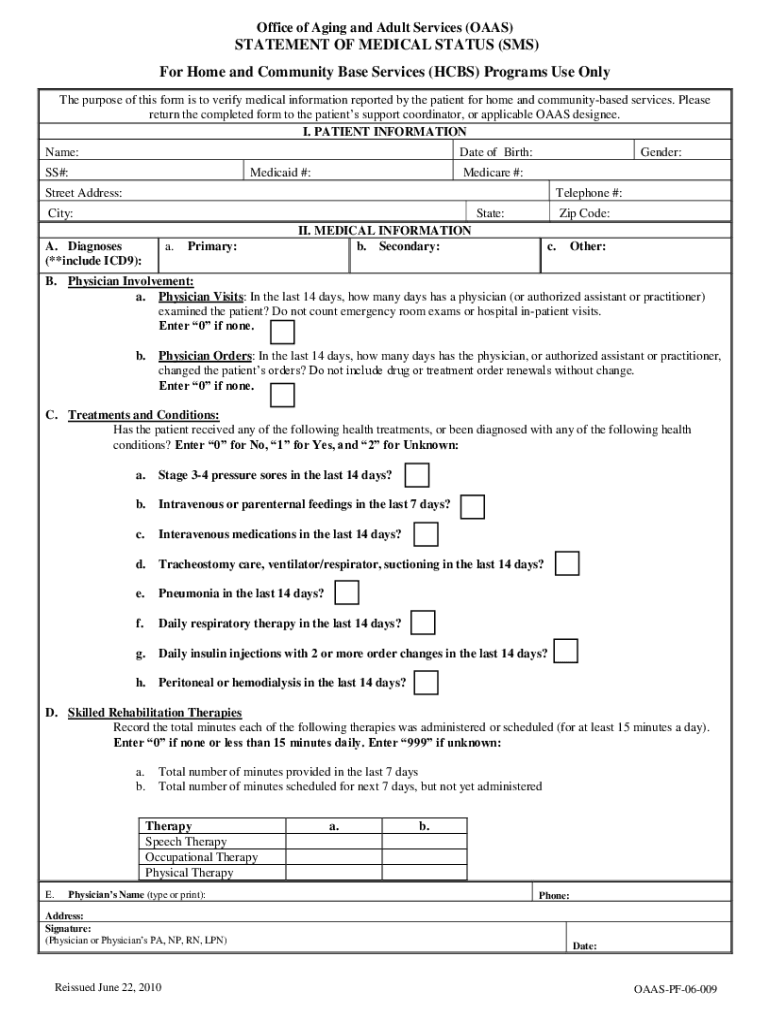 office of aging and adult status statement of medical status Preview on Page 1