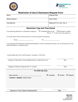HIPAA 501P Restriction of Use & Disclosure Request Form