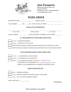 US Passport Application Work Order