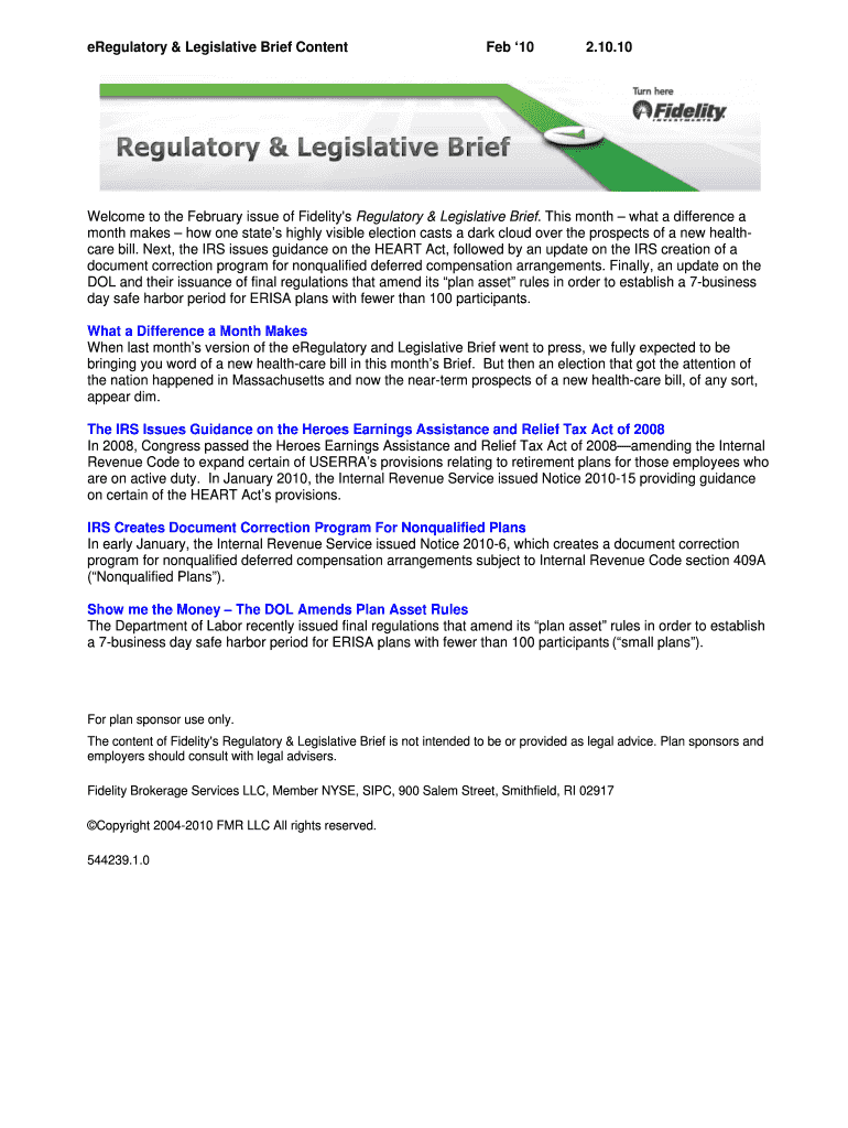 ERegulatory & Legislative Brief Content Feb '10 2 10 10 - Fidelity Preview on Page 1