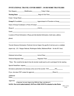 U.S. Fish and Wildlife Service Form 3-2314. Invitational Travel Cover Sheet - 10 or More Travelers - fws