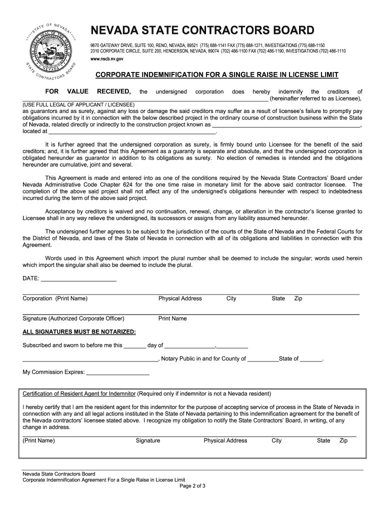 nevada state contractors board corporate indemnification agreement form Preview on Page 1