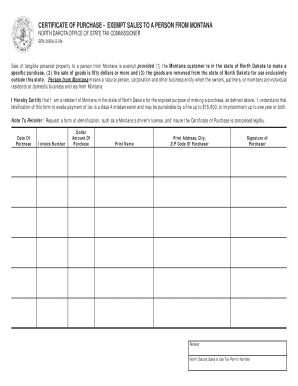 North Dakota Certificate of Purchase - Montana Exemption