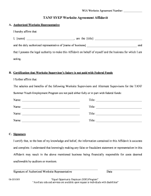 TANF SYEP Worksite Agreement Affidavit