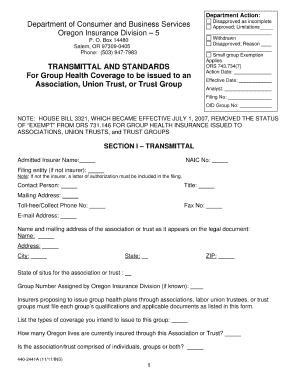 transmittal and standards for group health coverage to be issued to an association or trust form