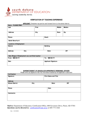 Verification of Teaching Experience Form