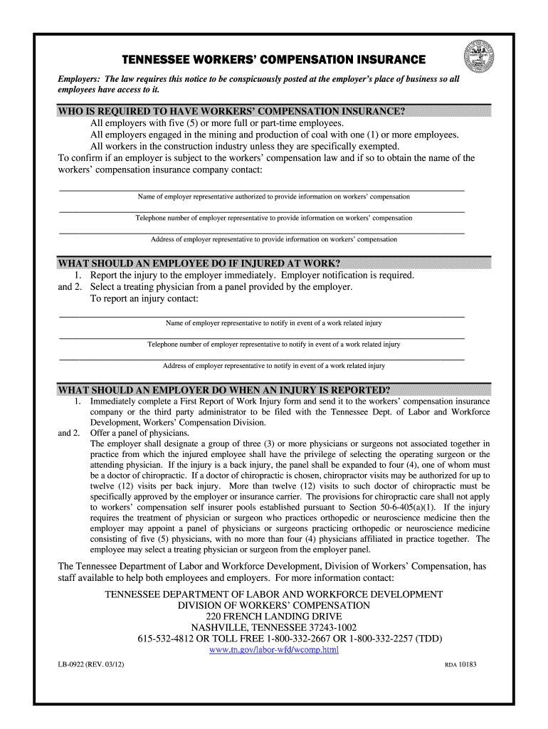 tennessee workers compensation insurance lb 0922 2012 form Preview on Page 1.