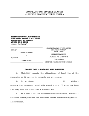 divorce complaint alleging assault and battery fill online complaint for divorce form nj