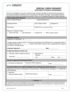 Vermont Special Check Request Form