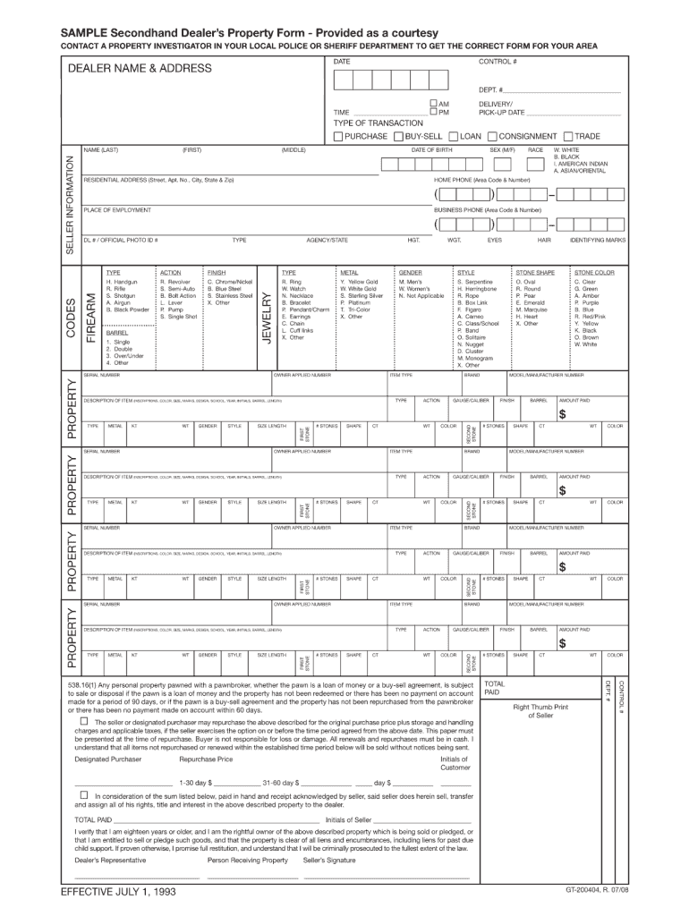 secondhand dealer form Preview on Page 1