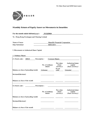 For Main Board and GEM listed issuers Monthly Return of Equity Issuer on Movements in Securities For the month ended (dd/mm/yyyy) : 31/12/2010 To : Hong Kong Exchanges and Clearing Limited Name of Issuer Date Submitted Manulife Financial