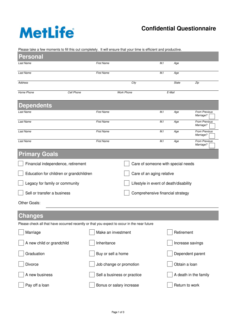 financial confidential questionnaire template form Preview on Page 1.