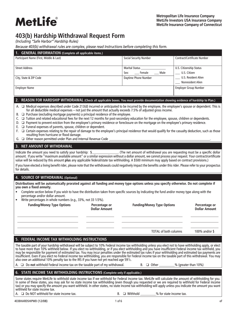 Metlife Hardship Withdrawal Form Fill Online Printable Fillable
