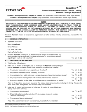 Private Company Directors and Officers Liability Renewal Coverage Application