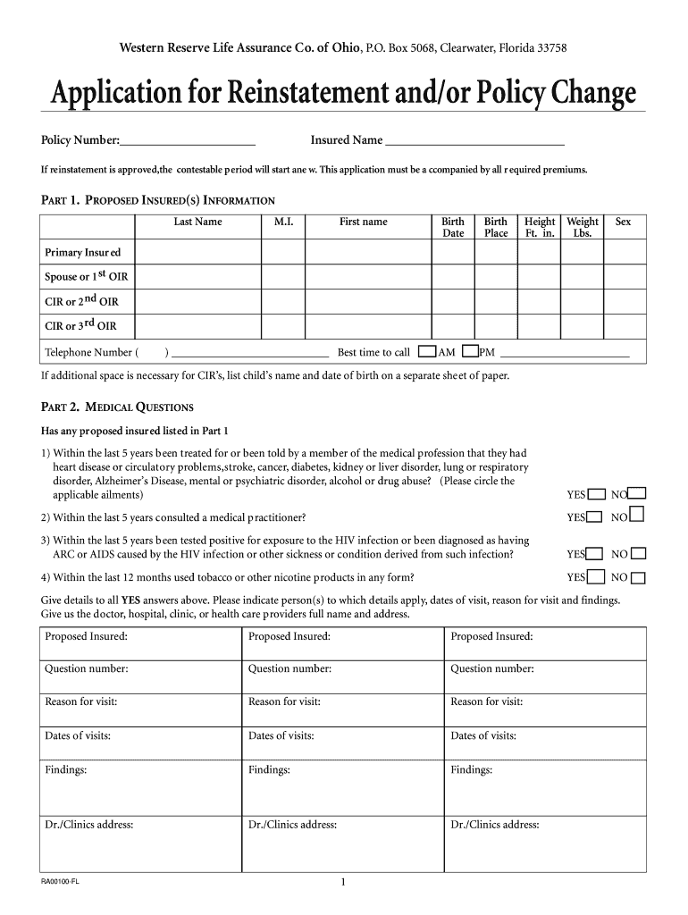 Fillable Online western reserve policy reinstatement fee form Fax Email Print pdfFiller