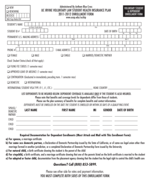 UC Irvine Voluntary Law Student Health Insurance Enrollment Form