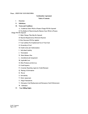 KEEP FOR YOUR RECORDS Cardmember Agreement Table of Contents I
