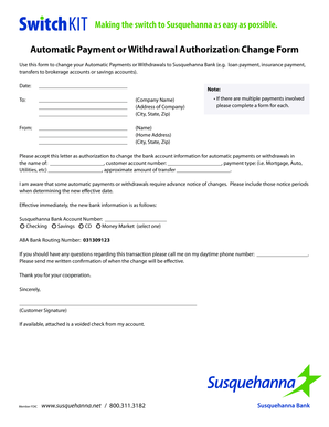Automatic Payment Withdrawal Authorization Change Form
