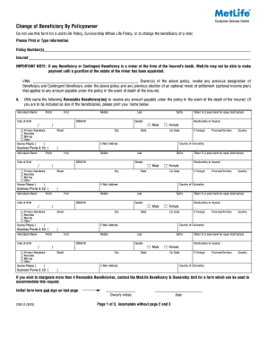 Metlife Change Of Beneficiary By Policy Owner Form Mail To ...
