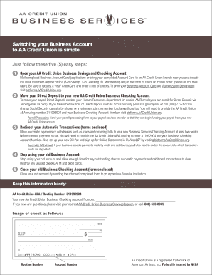AA Credit Union Business Account Switch Kit
