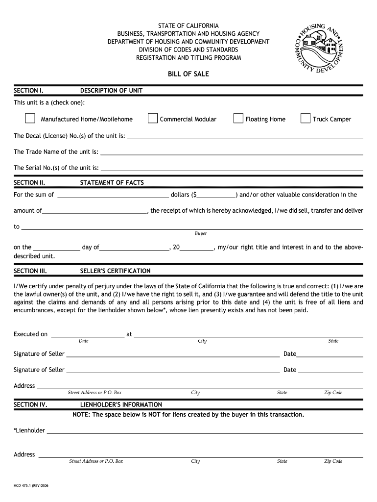 hcd bill of sale Preview on Page 1