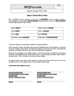 Template bill of sale motor vehicle form