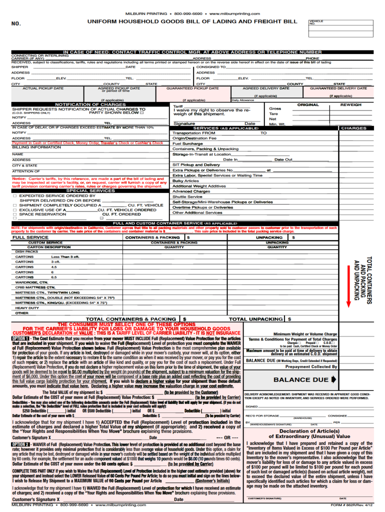 uniform household goods bill of lading and freight bill Preview on Page 1