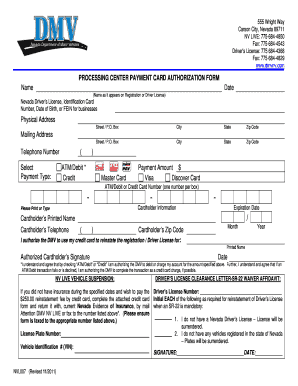 processing center payment card authorization form 2011 nevada dmv