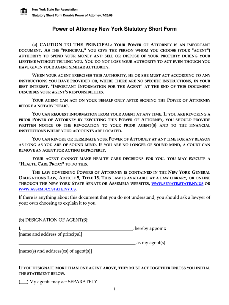 fillable power of attorney form ny
 Power Of Attorney New York Statutory Short Form - Fill ...