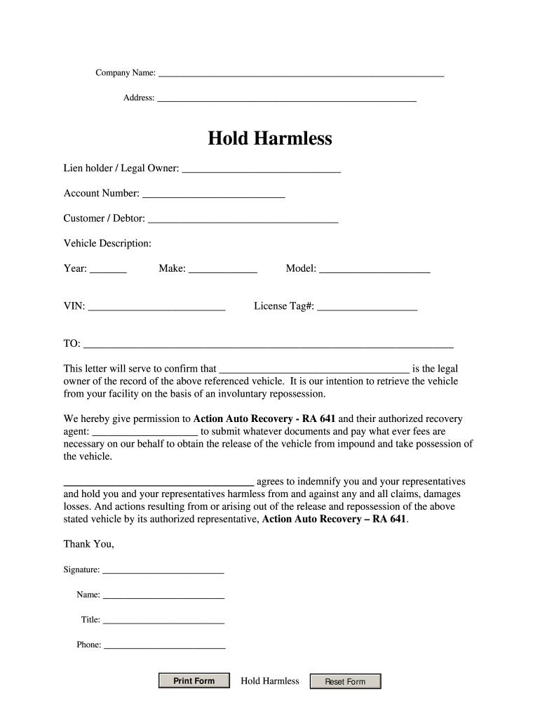 Repo Order Form - Fill Online, Printable, Fillable, Blank  pdfFiller Intended For simple hold harmless agreement template