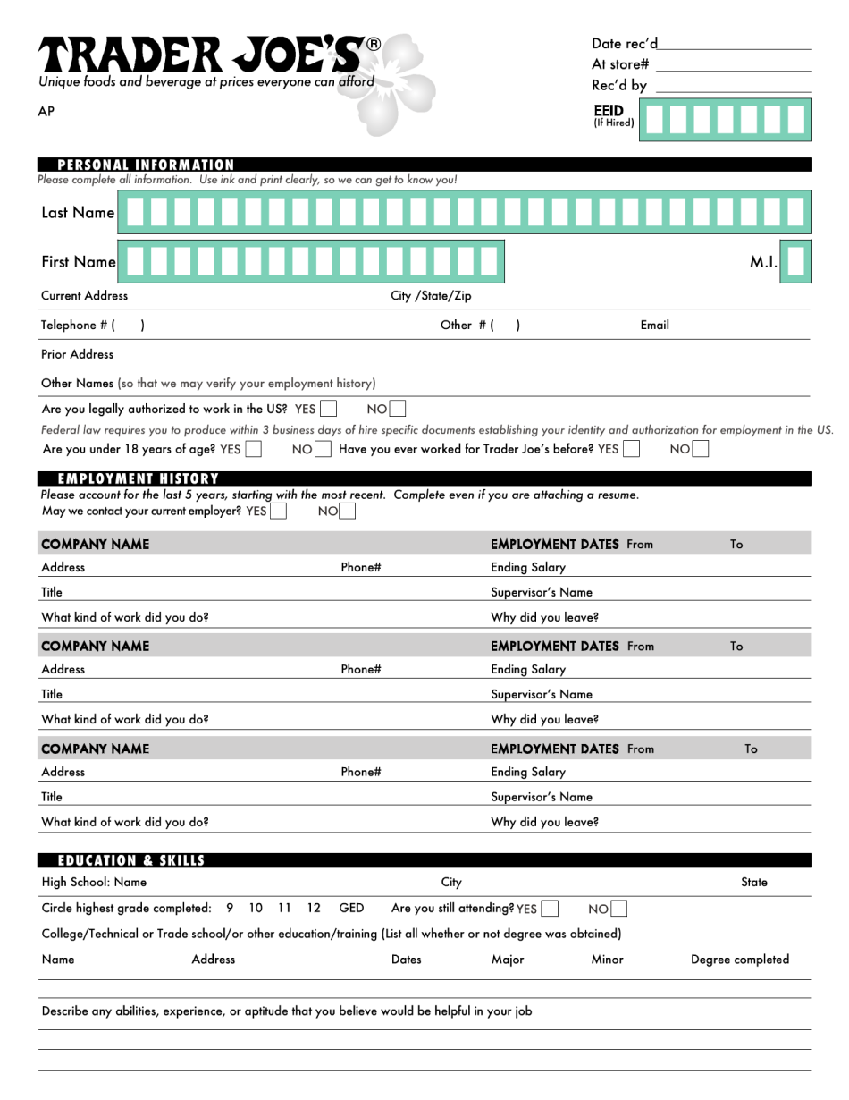 Trader Joe's Application Form