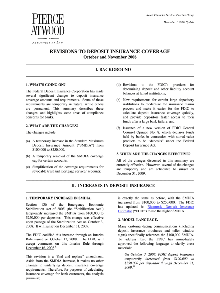 REVISIONS TO DEPOSIT INSURANCE - Pierce Atwood LLP Preview on Page 1