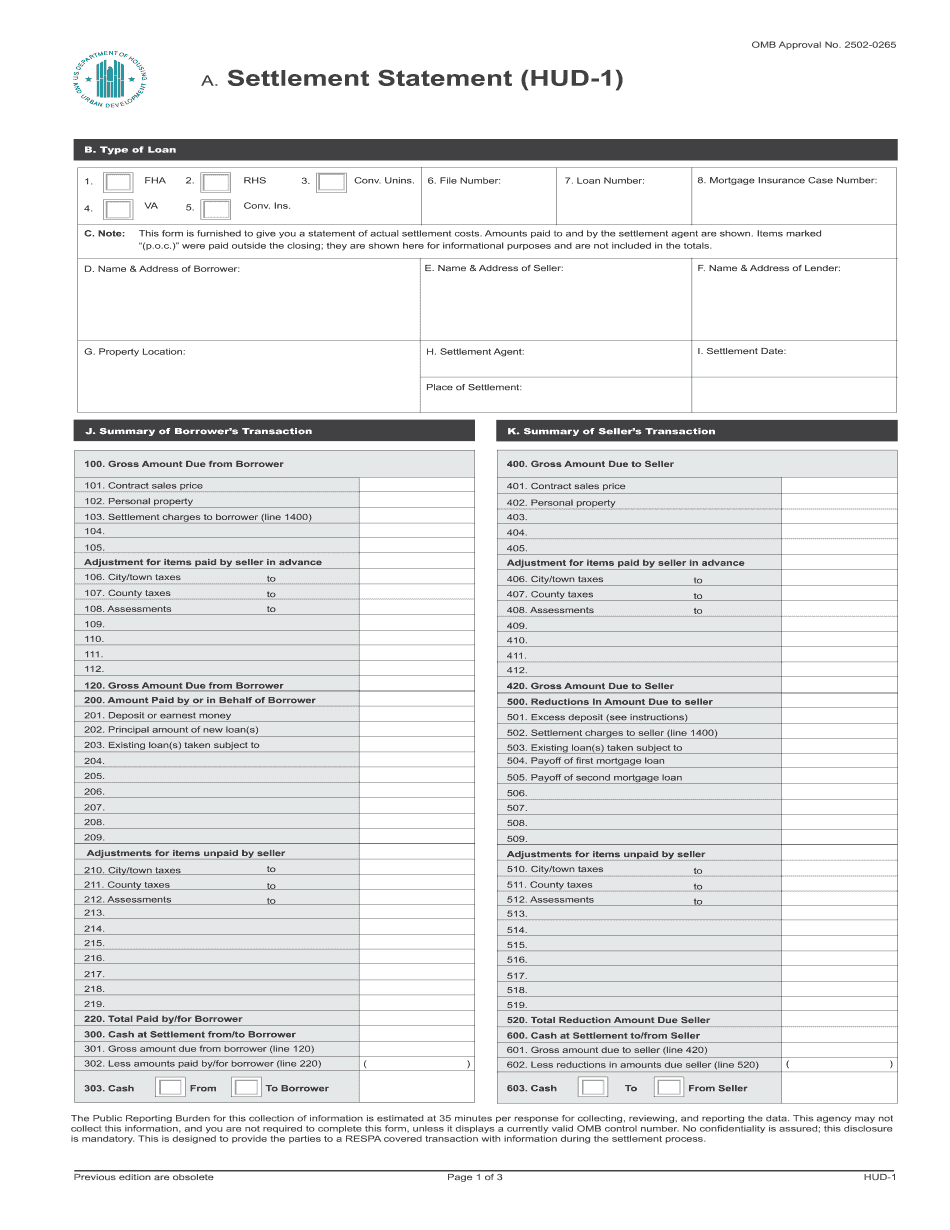 Hud-1 settlement statement form