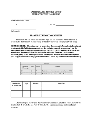 US District Court Transcript Redaction Request