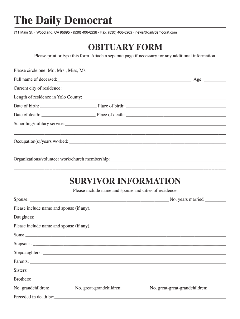 Form For Obituary - Fill Online, Printable, Fillable, Blank Inside Free Obituary Template For Microsoft Word